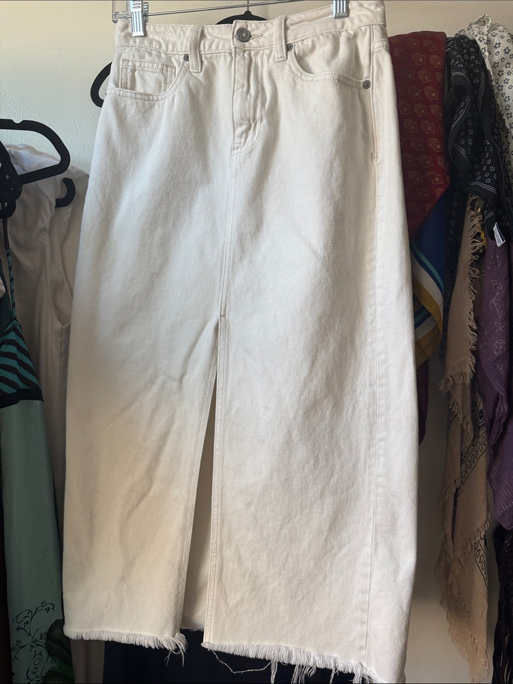 Classic White Denim Maxi Skirt with Front Slit
